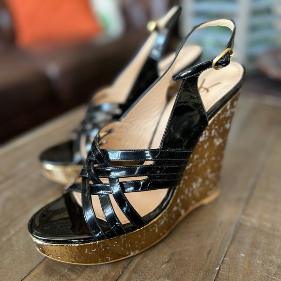 Yves Saint Laurent | Shoes | Ysl Black Gold Wedges | Poshmark
